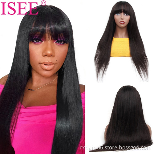 ISEE Factory Dropship Natural Black Lace Front Human Hair Wigs With Bangs For Women Straight Hair Bangs Wig